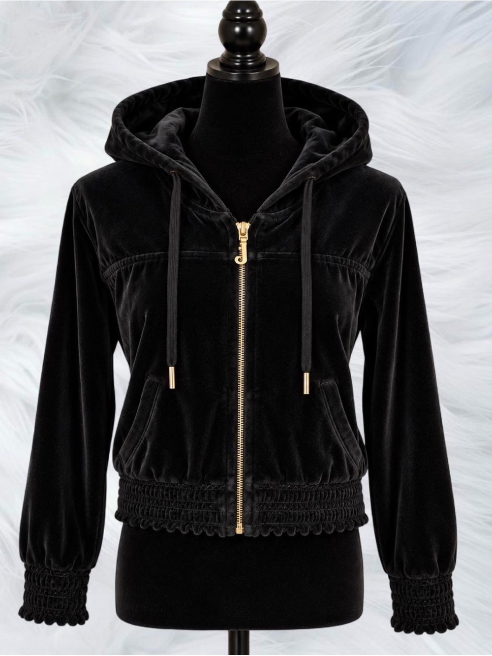 Vintage Juicy Couture Y2K Black Velvet Jacket with Gold J Zipper. Size XL
